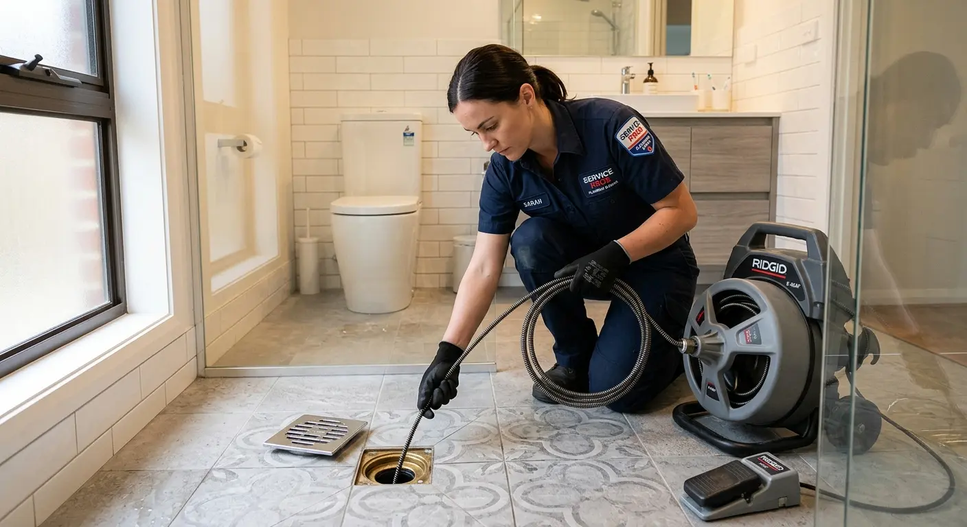 Technician clearing a bathroom floor drain for Sewer Line Replacement in Lindon